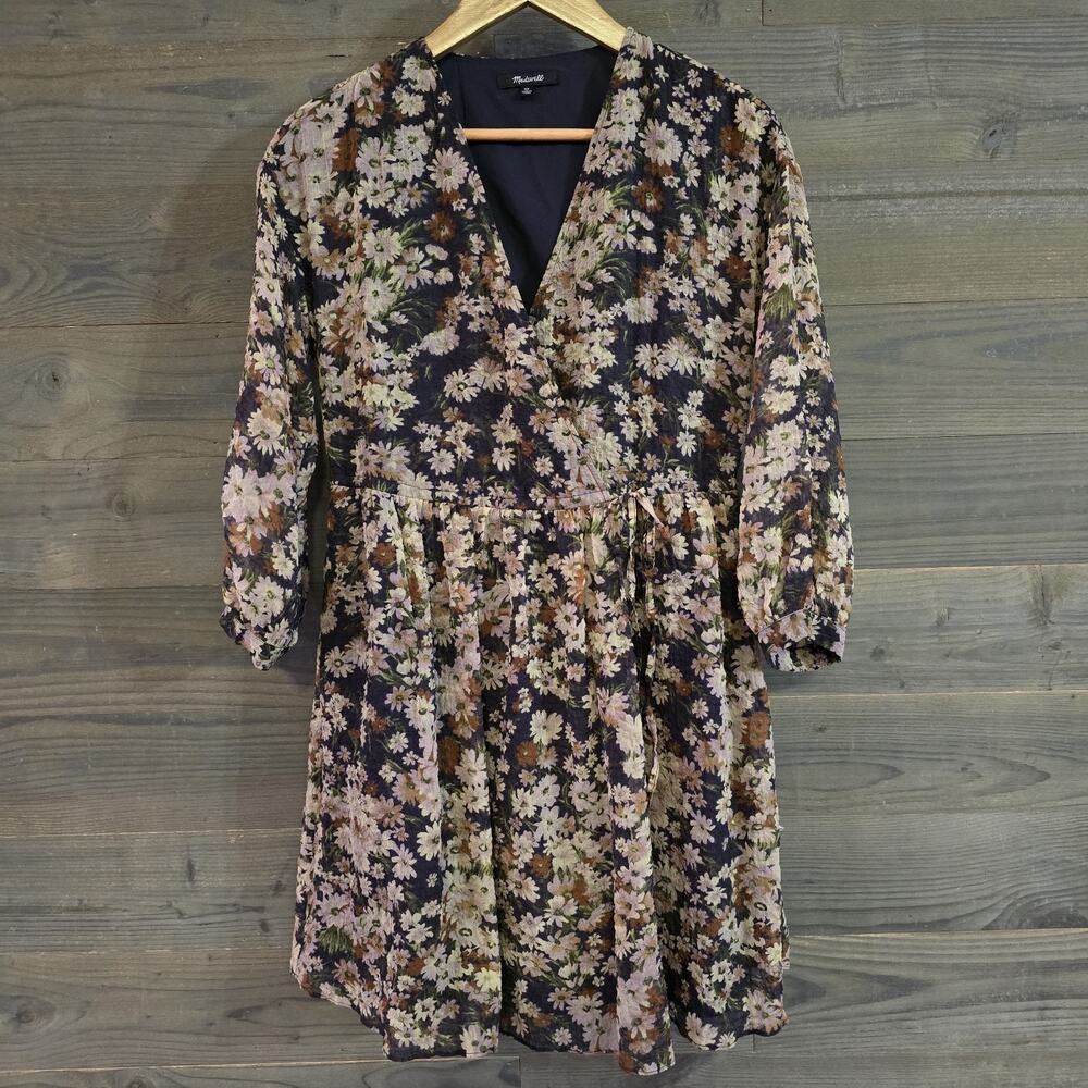 Madewell Faux Wrap Mini Dress Floral Daisy Print Woman Size XS Oversized Cottage